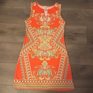 LIKE NEW Haani Petite fitted orange paisley dress with metal gold accent!!